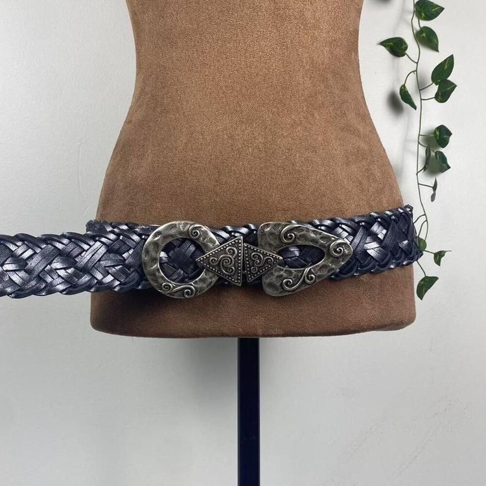 Metallic braided leather belt eclectic silver buckle whimsigoth fantasy belt